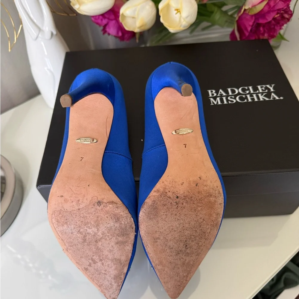 Badgley Mischka Blue Satin Heels with Sparkling Buckle - Picture 4 of 6